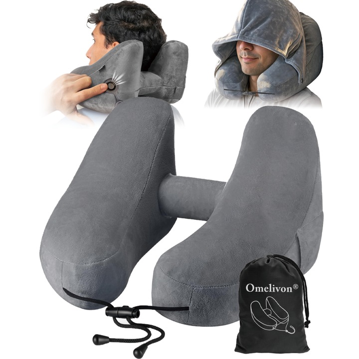 Perna de gat inflabila in forma H pentru calatorii – cu gluga, 5 moduri de repaus, umflare rapida, control al presiunii, husa moale, marime L, cenusiu argintiu