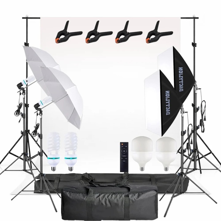 Kit profesional iluminare studio cu fundal alb, 2 softboxuri, 2 umbrele, 2 becuri fluorescente 150W si 2 LED 150W 5500K cu telecomanda, stative 200 cm