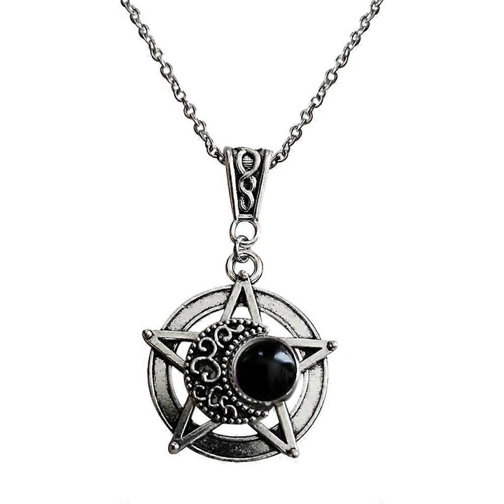 Colier cu pandantiv luna si stea, 50cm, negru, pentru femei