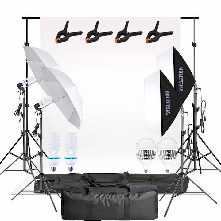 Sistem studio foto profesional cu fundal alb, 2 softboxuri, 2 umbrele, 2 becuri fluorescente 150W si 2 LED 150W alb 5500K, stative 200 cm si genti transport