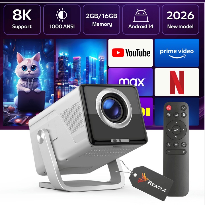 Videoproiector portabil Reagle R-MOVIELUM-P50, Full HD 1080p, 1000 ANSI, 130", Smart