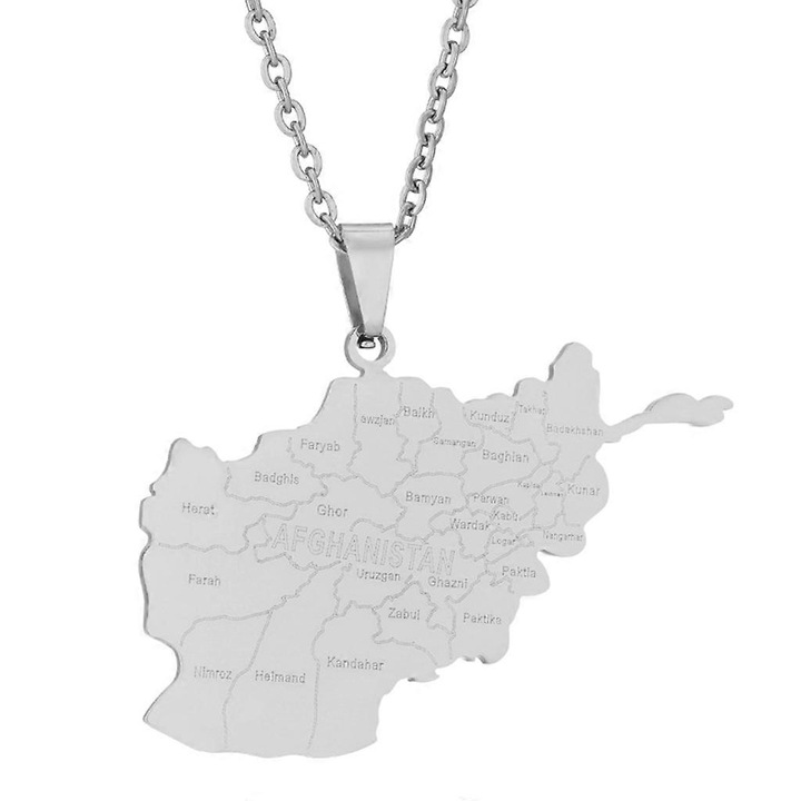 Colier cu pandantiv harta Afganistan, inox, geometric, lungime 50cm