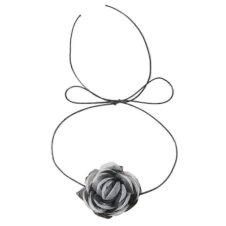 Colier cu pandantiv floare, negru si alb, din sfoara de ceara si fir de zapada, 1 bucata