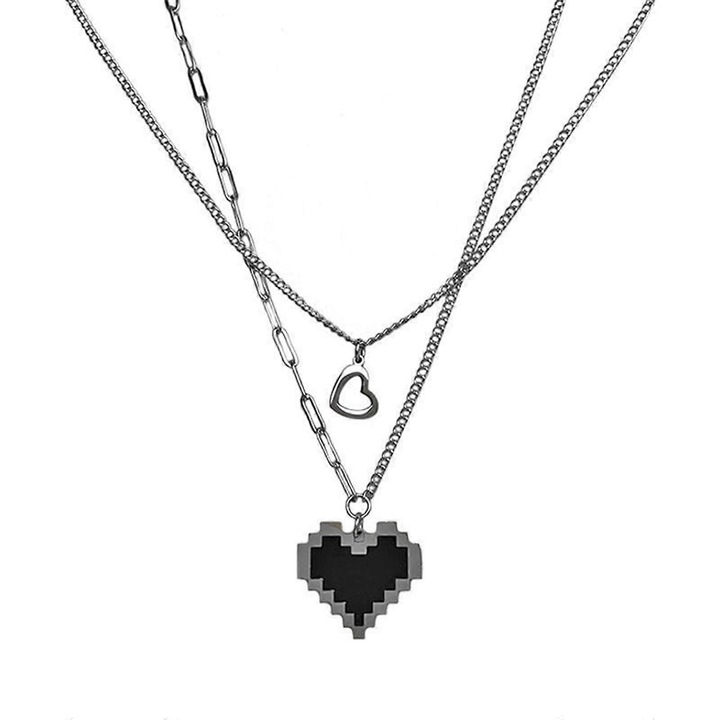 Set de colier cu pandantiv inima, design pixel, 2 bucati, argintiu/negru, lungime 36+5cm