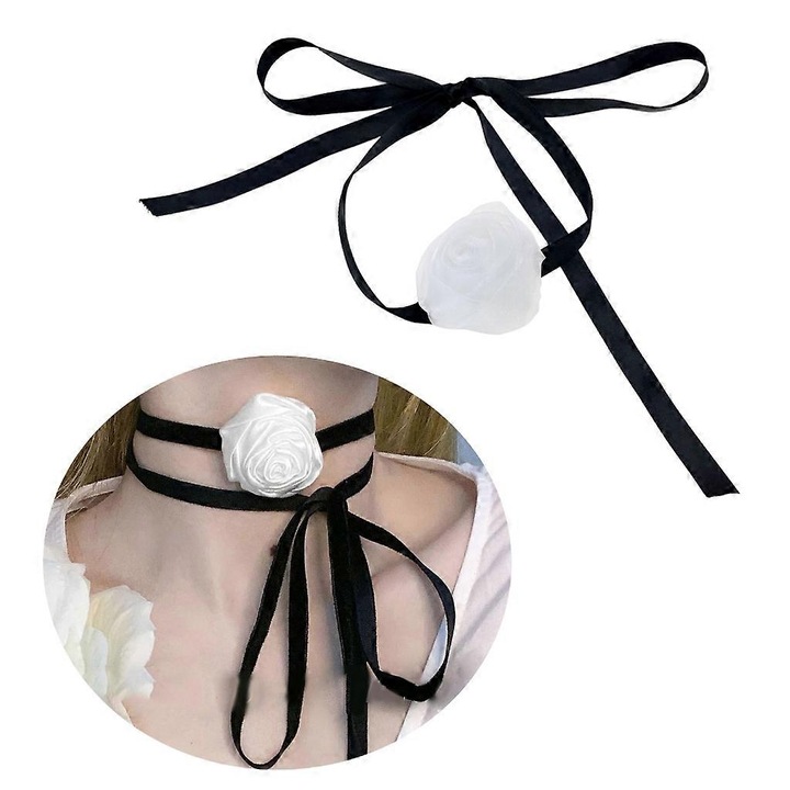 Colier cu funda si floare trandafiri, material textil, 1 bucata