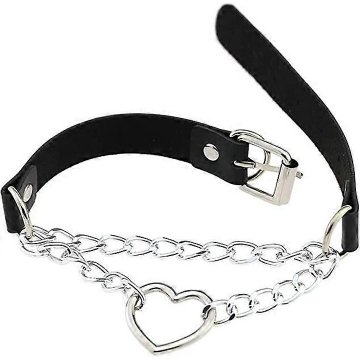 Choker cu pandantiv inima, piele PU, design punk, negru, 13-16,2 inch