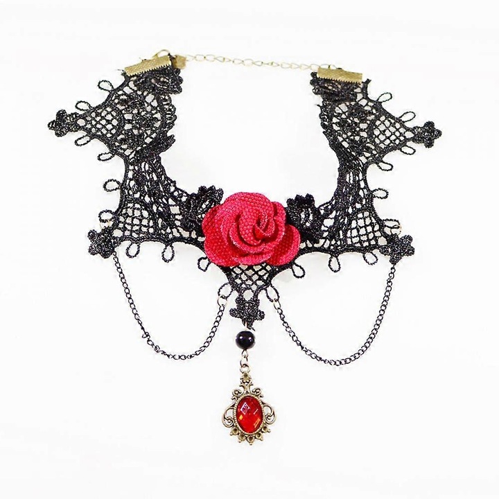 Colier din dantela neagra cu pandantiv rosu, dimensiune universala, set 1 bucata