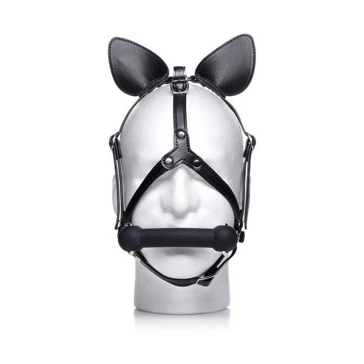 Set ham si calus XR Brands, cu urechi decorative, silicon/piele ecologica, 6 puncte de reglare, negru