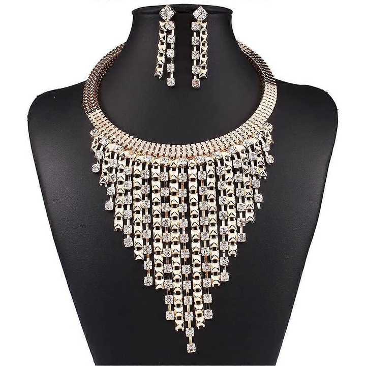 Set colier cu strasuri si cercei, aurii, dimensiune unica