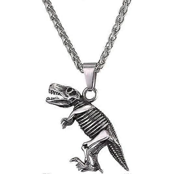Colier barbati, cu pandantiv schelet dinozaur, 3mm, 22 inci, 4.8x3.7cm, inox