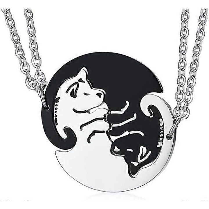 Set 2 coliere cu pandantiv pisica, inox, placate cu aur, negru/argintiu