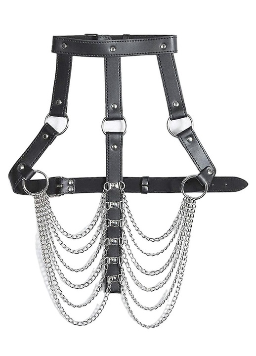 Fekete bőr/ötvözet melltartó hám, láncokkal