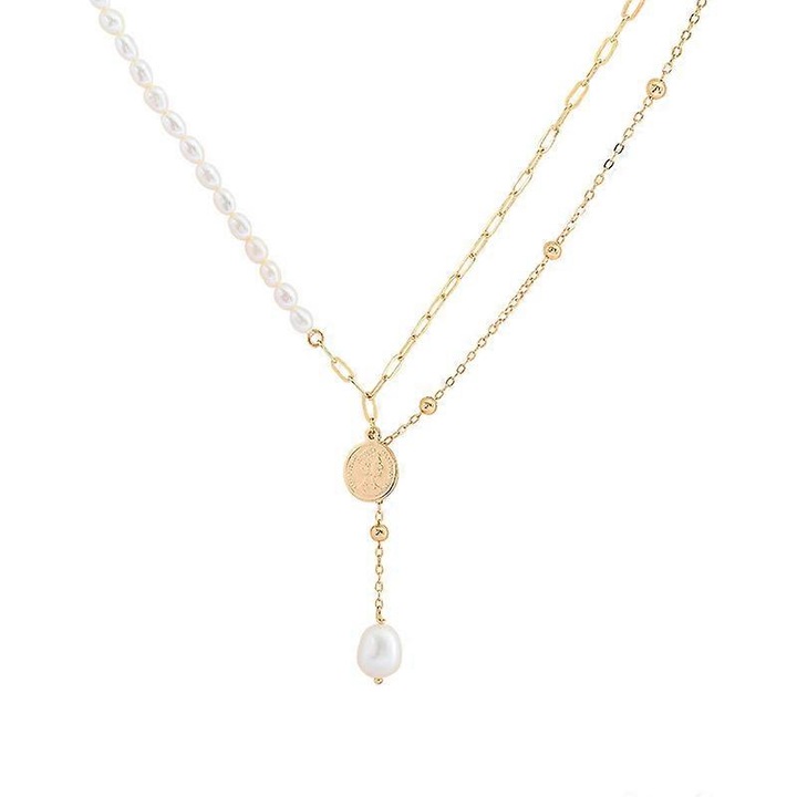 Colier dama, din perle de apa dulce cu pandantiv, aur 14K, culoare aurie