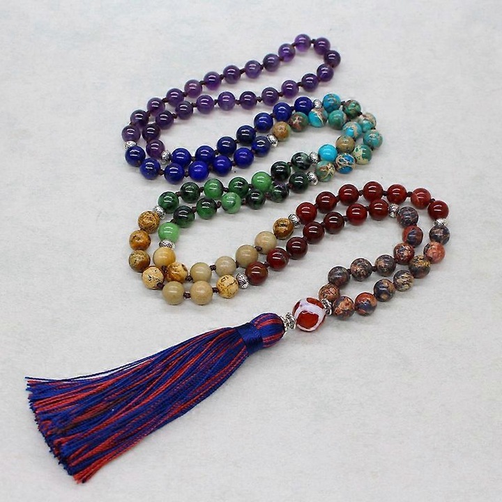 Colier cu margele de rugaciune 8mm, din piatra naturala, lungime 45cm, cu ciucure multicolor