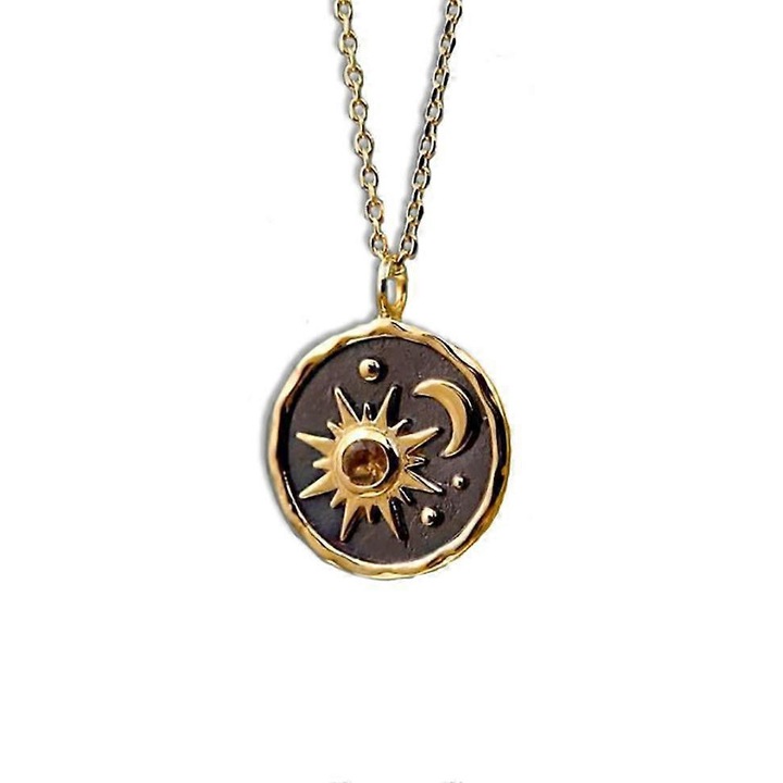 Colier vintage cu pandantiv, model soare-luna, auriu