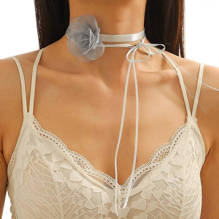 Colier choker Camellia, negru/alb/roz/gri deschis/burgund, 130cm, set bijuterii dama