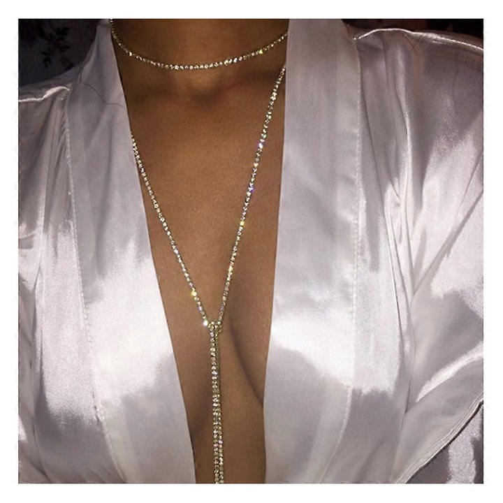 Colier lung din aliaj cu strasuri, bijuterii pentru femei, design elegant, dimensiune libera, multicolor