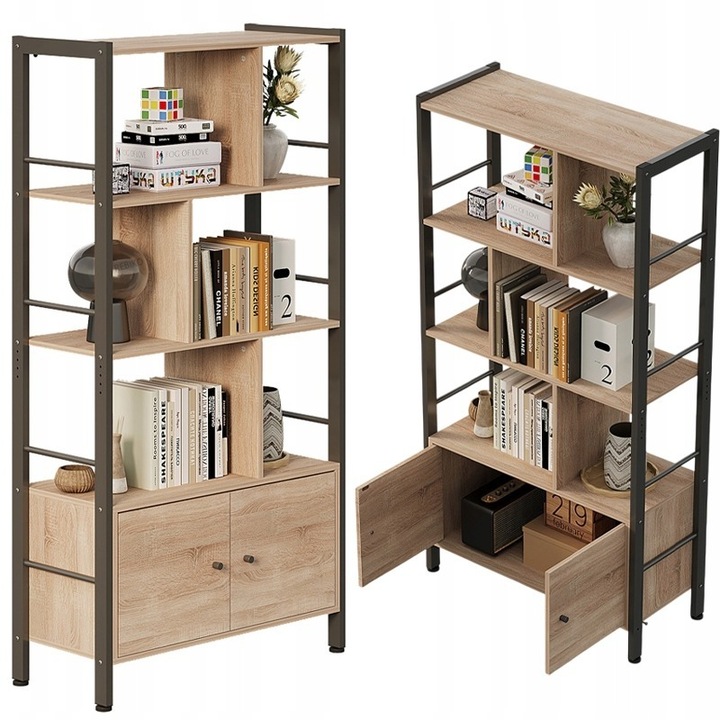 Biblioteca moderna loft, Rebiko, cu rafturi deschise si dulapuri cu incuietoare, 155x74x30cm, maronie