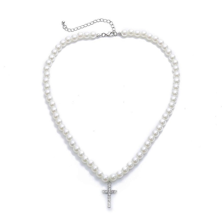 Colier din cristale si perla cu pandantiv in forma de cruce, alb, set de bijuterii dama