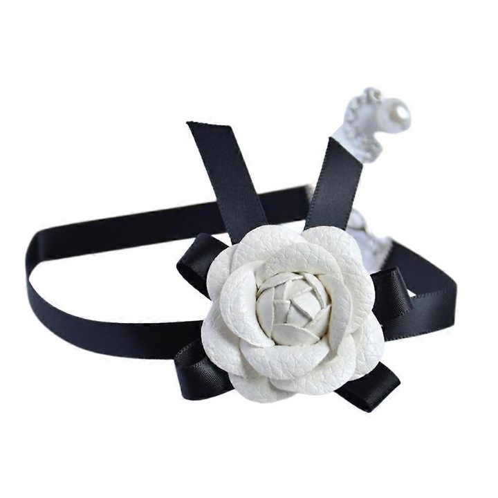 Colier choker din material textil, floare de camelie, negru, 44cm, set bijuterii dama