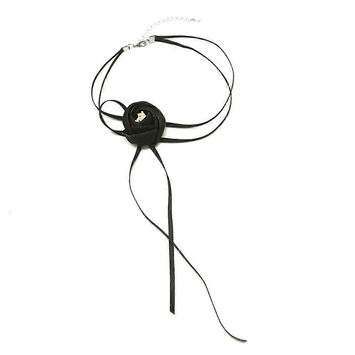 Colier Choker Floral Negru din Satin, Lungime Ajustabila, Set de Bijuterii pentru Femei