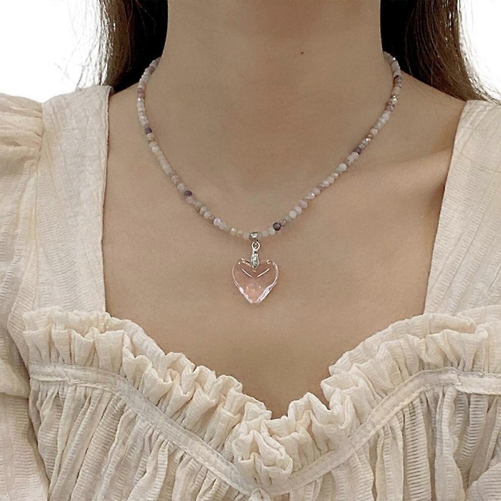 Colier cu pandantiv in forma de inima, bijuterii din margele acrilice, set pentru petrecere, roz, 2cm