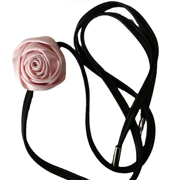 Colier choker cu floare din material textil, roz, set cu lant din PU, pentru femei