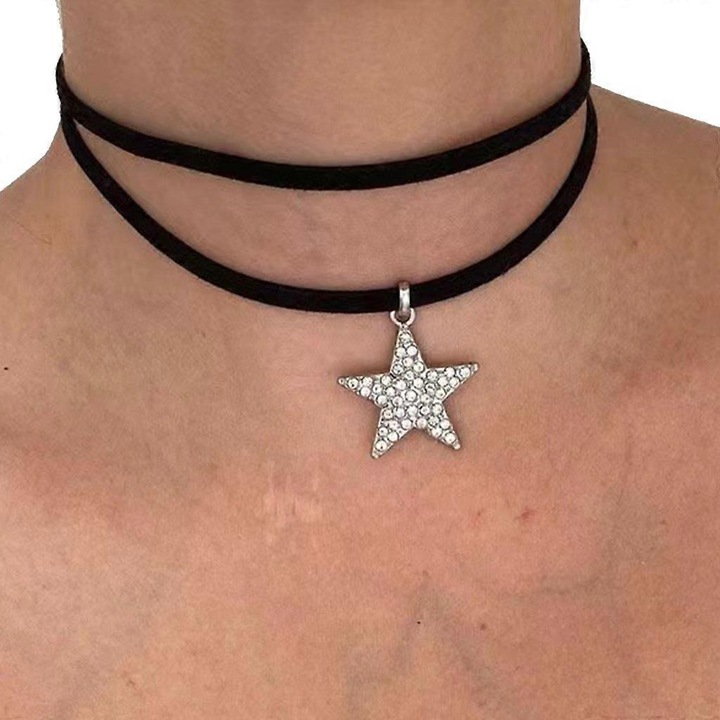 Colier cu pandantiv stea si inima, 30+5cm, aliaj, set bijuterii dama