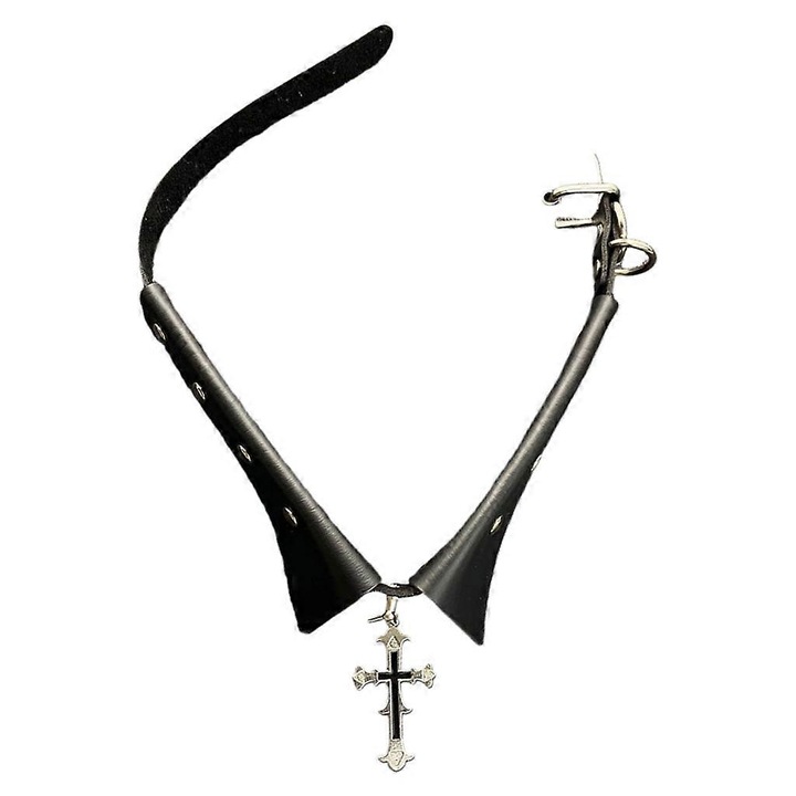 Colier choker goth, set unisex, piele PU neagra, ajustabil, 49cm