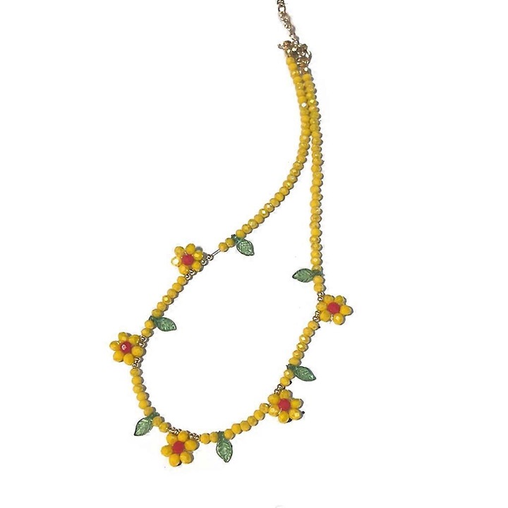 Colier cu pandantiv floare din acril, design cu margele, galben