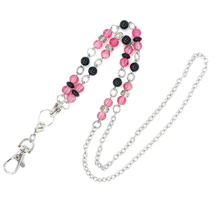 Lanyard cu margele, 82+7cm, roz, set cu suport pentru badge ID