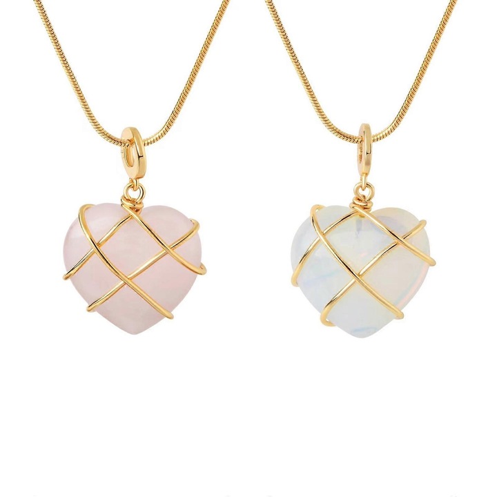 Set 2 Coliere cu Pandantiv din Cristal Natural si Otel Titanat Aurit, 40+6cm