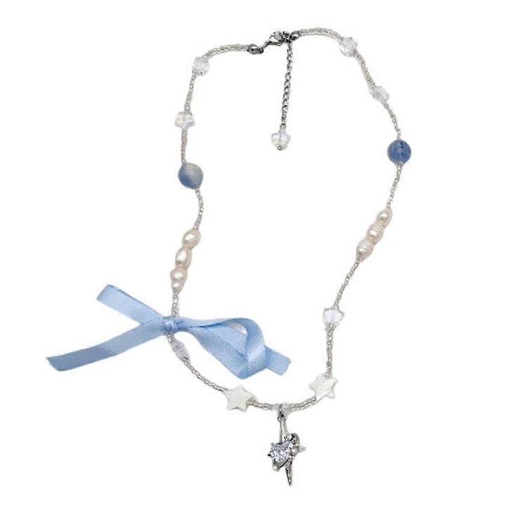 Colier inima cu margele si fundita, roz, bijuterii dama, set