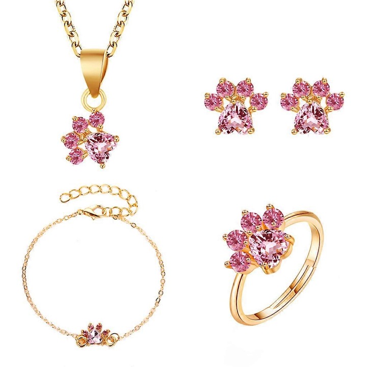 Set bijuterii dama, colier si cercei cu pisici, inel si bratara cu amprente, multicolor