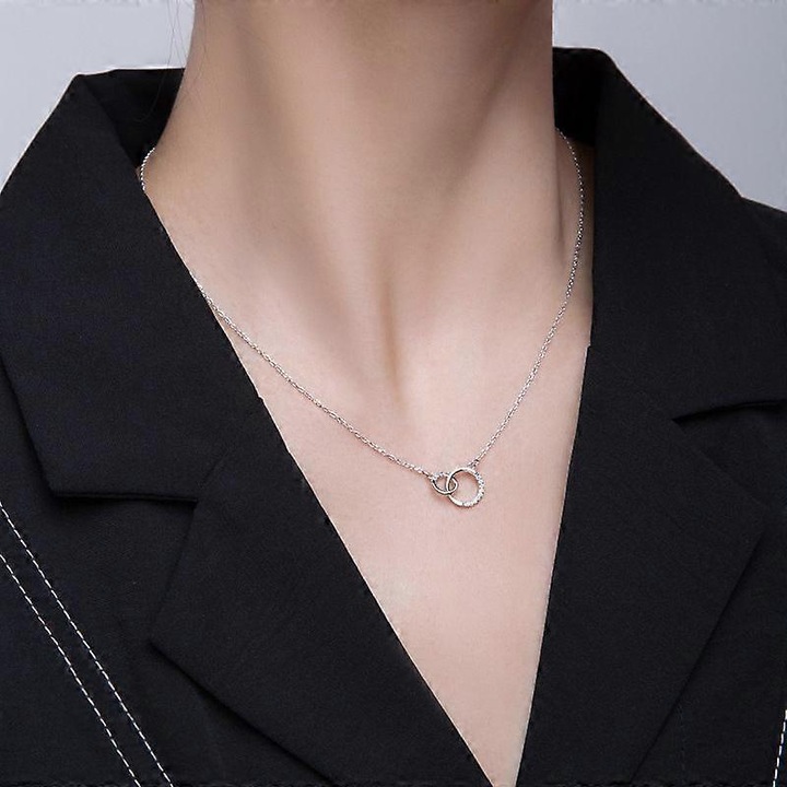 Colier geometric dublu cerc, bijuterii dama, design simplu, culoare argintie, lungime scurta
