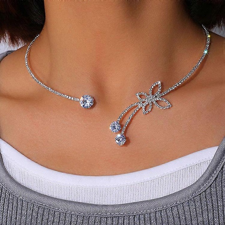 Colier fluture din diamant pentru femei, argintiu, 11cm