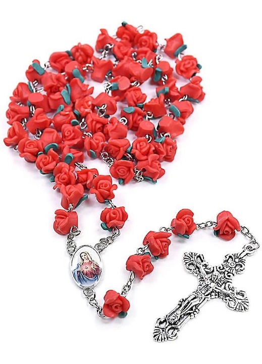 Colier cu cruce, din perle de sticla si flori de trandafir, bijuterii handmade, rosu