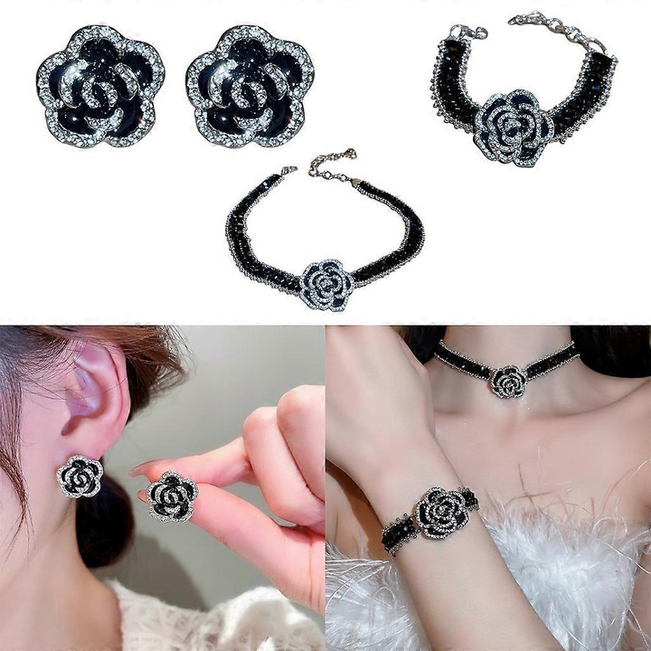 Set bijuterii dama, bratara, cercei, colier, aliaj, stras