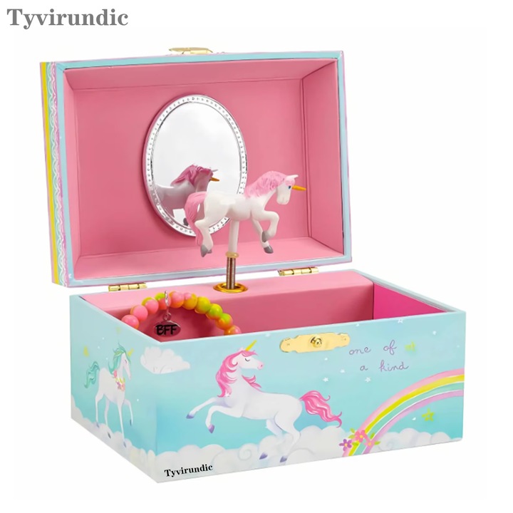 Cutita muzicala pentru bijuterii, Tyvirundic, design unicorn, verde si roz, 14.8x10.5x8.5cm, set cu 3 bratari atractive