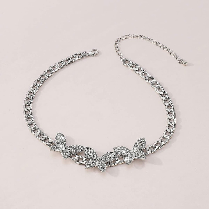 Colier scurt cu pandantiv fluture din strasuri, argintiu, 14.96-19.29in, set bijuterii dama