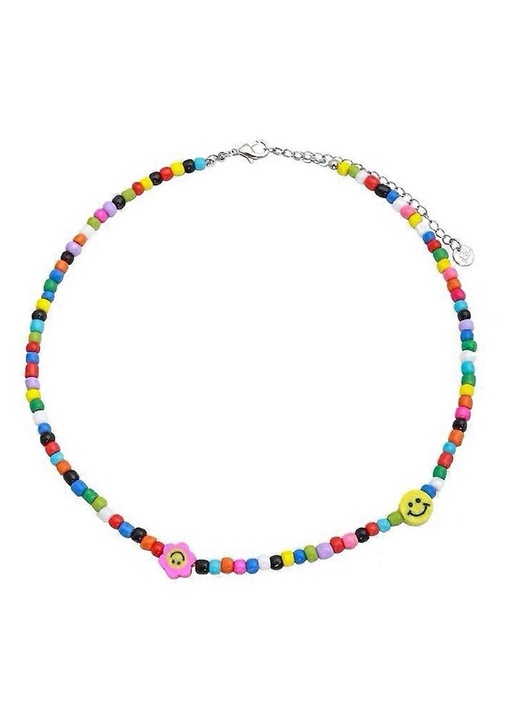 Colier cu margele colorate, set cu bratara, design zambitor, dimensiune ajustabila, multicolor