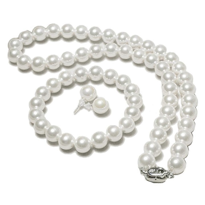 Set bijuterii din perle albe, colier, bratara si cercei, 10mm, 44cm x 18cm