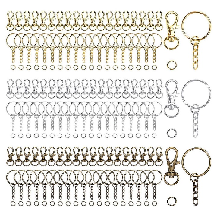 Set accesorii bijuterii DIY, 60 carabiniere, 60 inele cheie cu lant, 60 inele deschise