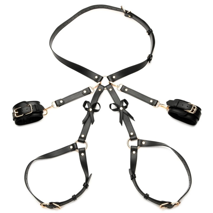 Set ham si mansete BDSM, XR Brands, M/L, negru cu auriu, piele ecologica