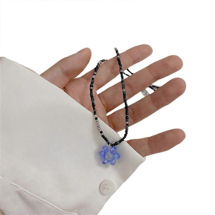 Colier cu pandantiv floare, margele colorate, 40+8cm, alb/verde/albastru/roz/negru