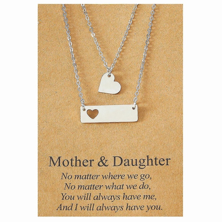 Set 2 Coliere din Otel Inoxidabil cu Design Bara Orizontala si Charm Inima, 45+5cm