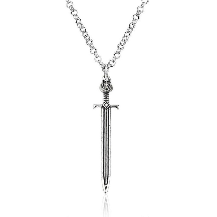 Pandantiv colier cu bufnita gotica pe sabie, argint antic, unisex, bijuterii fashion