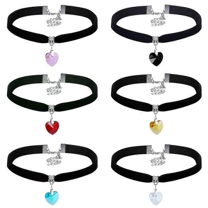 Set 6 Coliere Choker, Cristale, Multicolor, Dimensiune conform imaginii