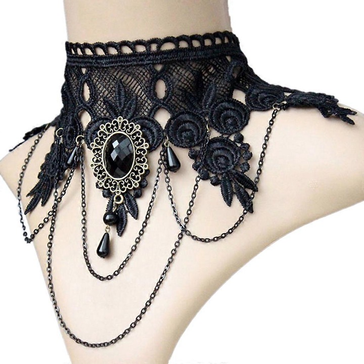 Colier Choker Dama, Negru Dantela, Cristale, 26cm + 17cm lant extins, Set Halloween