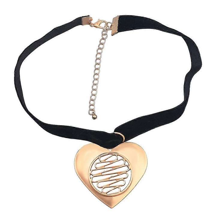 Colier choker vintage cu pandantiv inima gol, bijuterii dama, aliaj+material textil, ajustabil